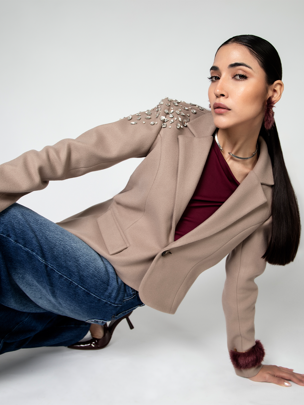 Beige Bling Shoulder Jacket