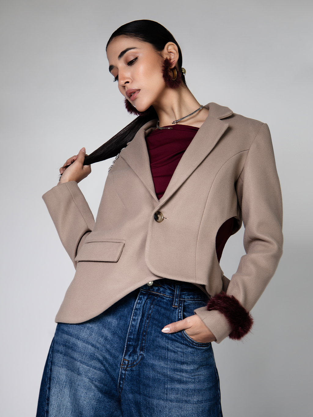 Beige Bling Shoulder Jacket