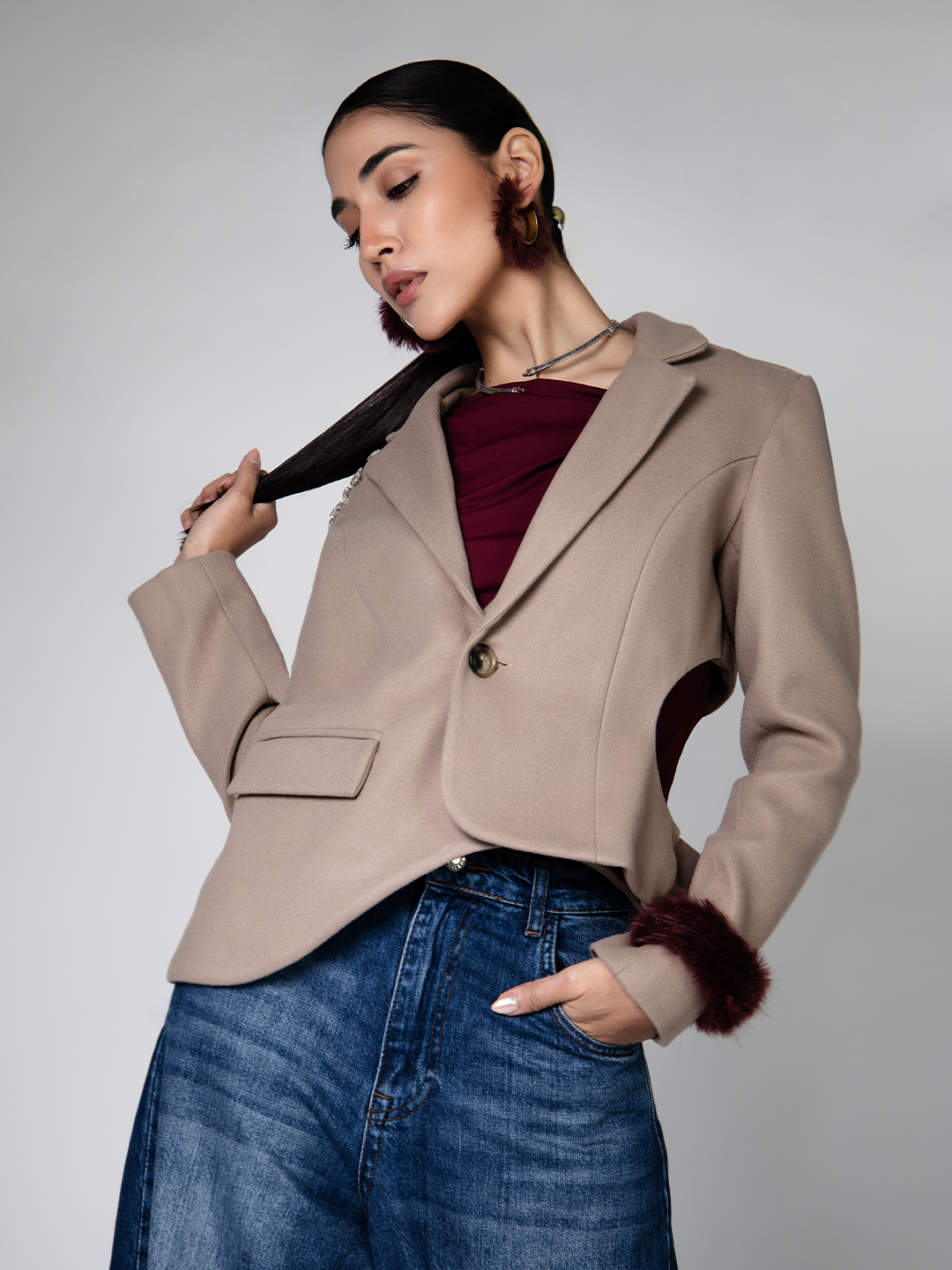 Beige Bling Shoulder Jacket