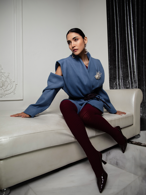 Blue Lconic Felt Jacket With Belt